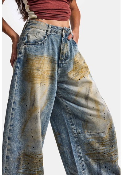 Kadın Kot Rengi Palazzo Fit T14t Özel Yıkama Tasarım Denim Jean Mavi