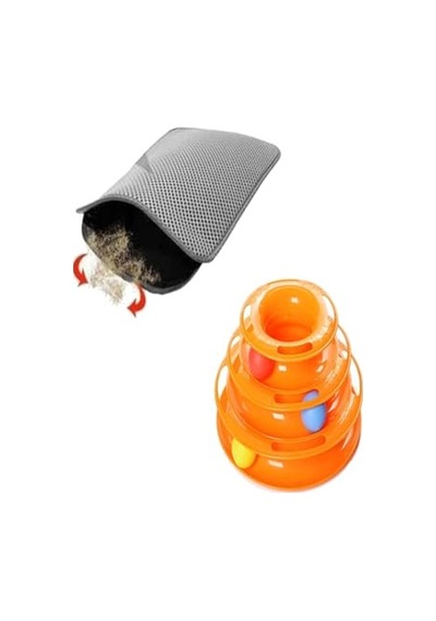 Tineke 2 Li Set Tower Of Tracks Kedi Oyuncağı + Elekli Kedi Tuvalet Paspası Gri 2li