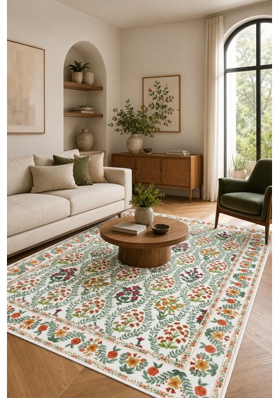 Modern Floral Desen Baskılı Kaymaz Yıkanabilir Salon Oturma Odası Mutfak Balkon Halısı Yolluk Beyaz
