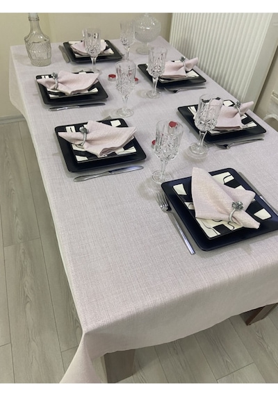 Keten Görünümlü Begonvil Simli Masa Örtüsü Pudra Pembe 25 Parça Set