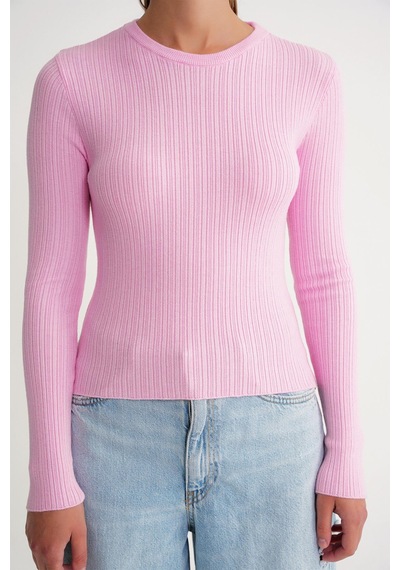 Mixray 6938 Kadın Bisiklet Yaka Fitilli Triko Body Pembe