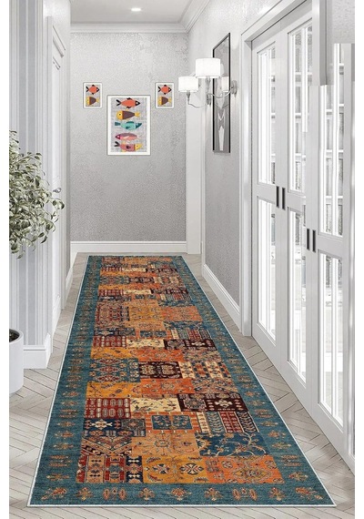 Pelangi Kırkyama Patchwork Kilim Desenli Etnik Dijital Baskı Yıkanabilir Modern Salon Halı Ve Yolluk, Kahverengi - M Çok Renkli