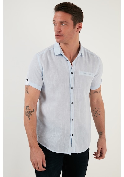 Buratti % 100 Pamuk Keten Görünümlü Slim Fit Kısa Kollu Erkek Gömlek Cf21S111766 Mavi