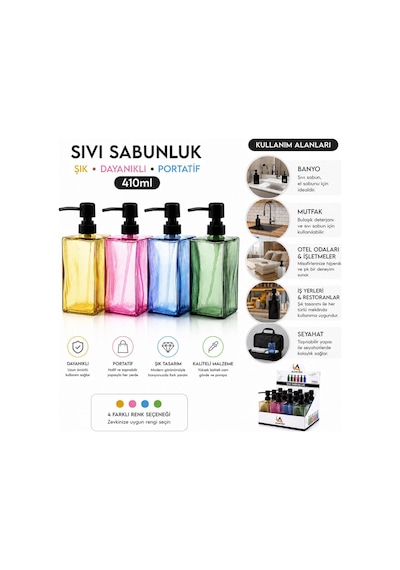 Alvetro Alv-08 Cam Sıvı Sabunluk 410 Ml - Kare Renkli Şeffaf Buzlu Çizgili Desen- 12'li Paket Diğer