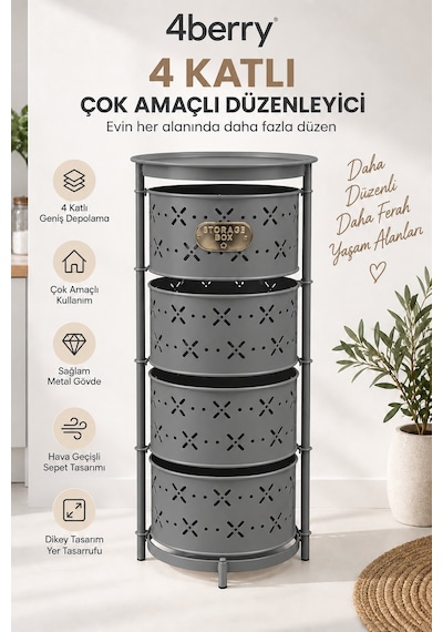 4 Katlı Metal Çok Amaçlı Düzenleyici Sepet Mutfak Sebzelik, Oyuncak, Banyo Ve Ev Organizeri Antrasit