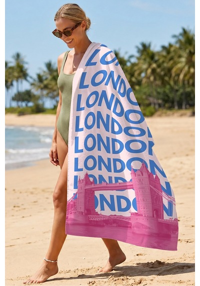 Londra Temalı Şehir Manzaralı Plaj Havlusu - Tipografik Pembe Mavi Hızlı Kuruyan Mikrofiber Havlu Donuk İncisi