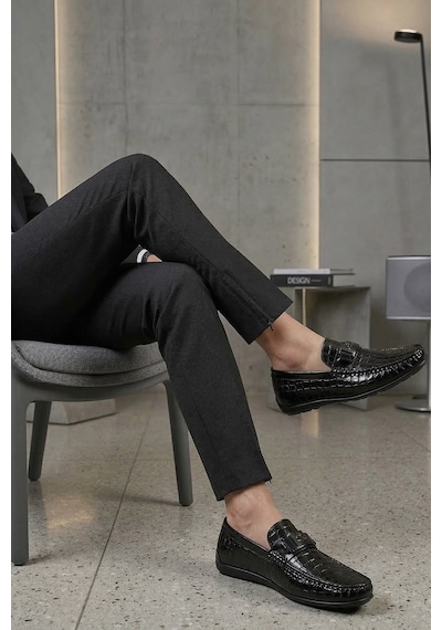 Fosco - Hakiki Deri Siyah Croco Erkek Loafer - 2094 -1506