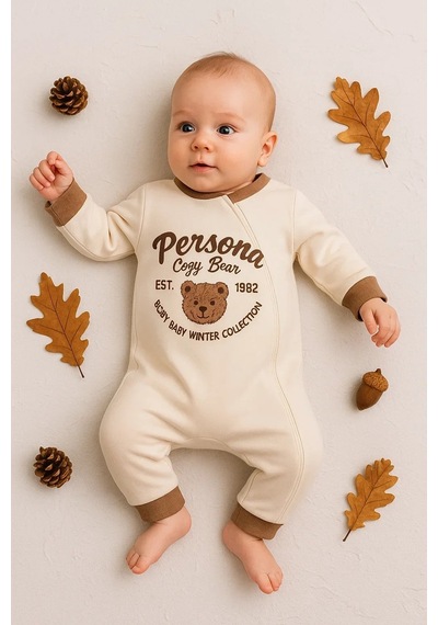Pekminibebe Persona Bear Nakışlı % 100 Pamuk Erkek Bebek Tulum Kahverengi