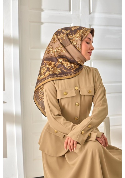Silk Home Twill İpek Eşarp 11482-01 Kahverengi, Koyu Vizon, Gold, Krem