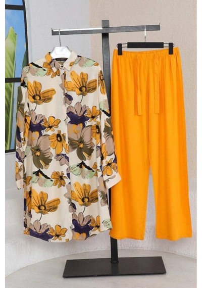 Polologin Butik Hardal Ve Haki Çiçek Desenli Kadın Gömlek Tunik Sarı