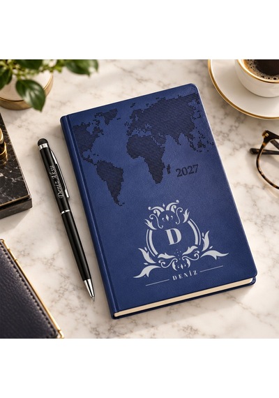 Bk Gift Kişiye Özel 378 Termo Deri Tarihli Ajanda & Siyah Touch Pen Tükenmez Kalem-8 Lacivert