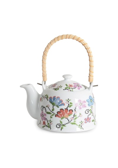 Porselen Çini Piraye Demlik - Bambu/hasır Saplı, Ateşe Dayanıklı Nostaljik Bitki Çayı Ve Çay Demliği 900 Ml - 2 Farklı Desen Seçeneği Pıraye Çok Renkli