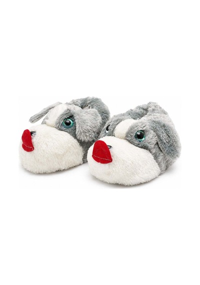 Modafocus Sevimli Köpek Figürlü Peluş Unisex Ev Pandufu - Sevgili Kombin - Gri Dilli Gri Dilli