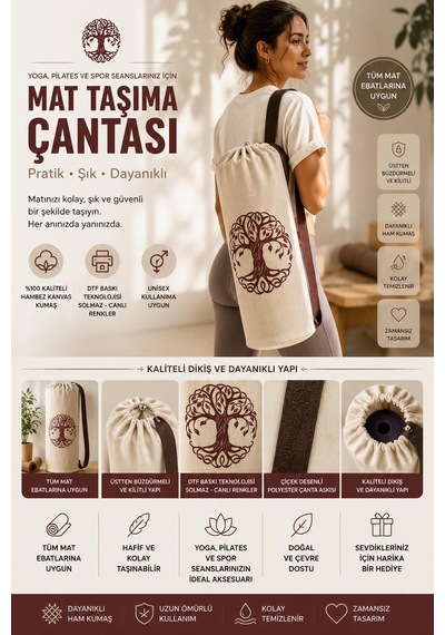 Yoga Mat Taşıma Çantası Hayat Ağacı Lotus Namaste Desenli Hambez Kanvas 70x21 Cm Kahverengi