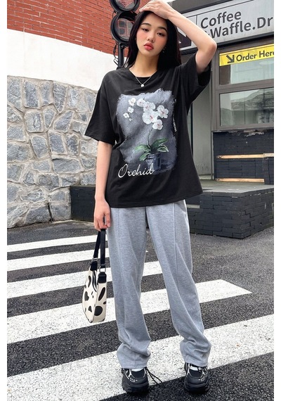 Unisex Orchid Baskılı Oversize Tshirt Siyah