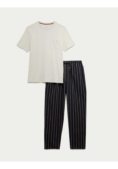 Marks & Spencer Saf Pamuklu Çizgili Pijama Takımı T07000587 Gri