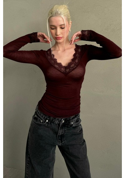 Madmext Bordo V Yaka Dantelli Transparan Kadın Bluz Mg2662 bordo