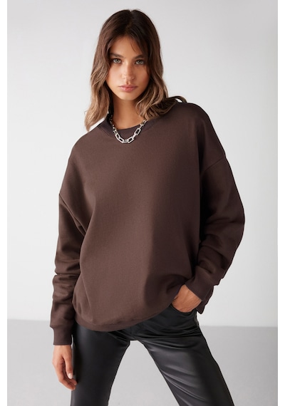 Grimelange VANELTINA  Kadın Organik Pamuklu Yumuşacık İçi Polarlı Yuvarlak yakalı Kahverengi Sweatshirt