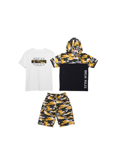 Fyk Kids Erkek Çocuk 3'lü Kamuflaj Desenli Kapri-baskılı Tişört- Kamuflaj Desenli Sweatshirt Alt Üst Takım Sarı