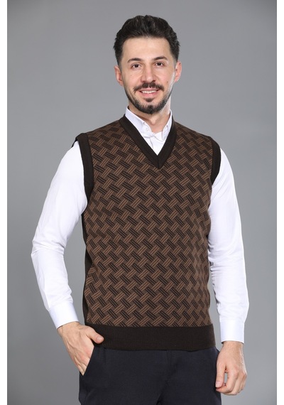 Kzc Tekstil Erkek Baba Ve Orta Yaş Desenli Akrilik Kalın Dokulu V Yaka Triko Süveter Kahverengi