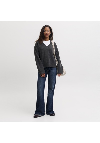 Jack & Jones Kadin Wide Fit V Yaka Triko Kazak - Elsa - 12301418 Dark Grey Melange