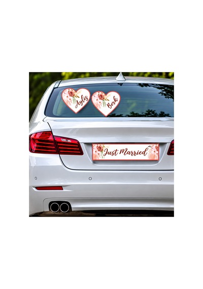 Kişiye Özel Gelin Arabası Süsü İsimli Kalp Süs Ve Just Married Plaka Düğün Araba Süsleme Seti Sürpriz Hediyeli Pembe