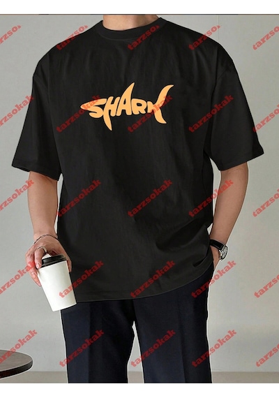 Startmore Unisex Shark Tasarım Tshirt Kısa Kollu Bisiklet Yaka T-shirt Siyah