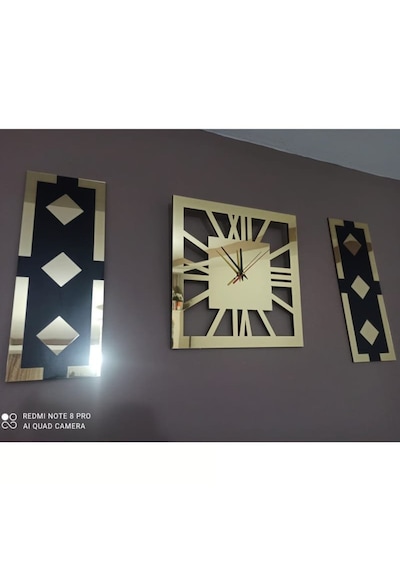 Altın Renk Aynalı Pleksi Modern Tasarım Yuvarlak Duvar Saati Tablo 3 Lü Set Sessiz Mekanizma Saat 40x40cm Tablo 50x20 Cm Gold - Siyah