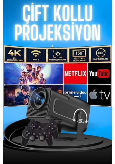 Projektör Siyah Android Taşınabilir Sinema Projeksiyon Wifi Destekli En Güncel Sürüm Akıllı 18806334