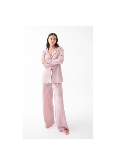 İkikareshop Kadın Pembe Önden Düğmeli Rahat Kesim Pijama Takımı - Günlük Ev Giyim Seti Çok Renkli