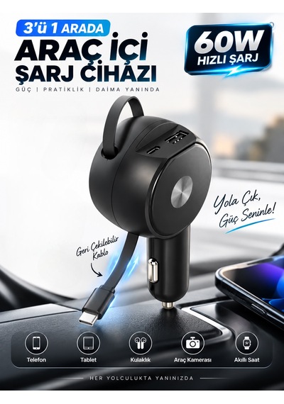 60w 3.4a Hızlı Araç Şarj Cihazı 3'ü 1 Arada Geri Çekilebilir 65cm Kablolu Type-c Usb Çakmaklık Şarj Adaptörü Siyah