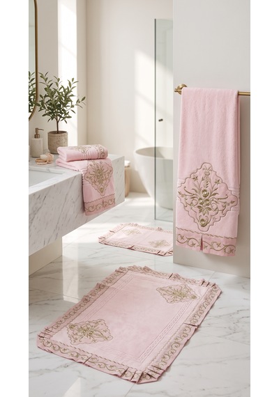 Saraylı Altın Taç Fırfırlı Pembe Banyo Havlu Seti Açık Pembe