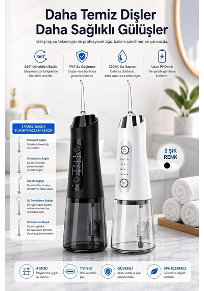 Auhma Amf11 Şarjlı Ağız Duşu 320ml Su Hazneli 4 Modlu Ipx7 Su Geçirmez Type-c Hızlı Şarjlı 5 Başlıklı Profe