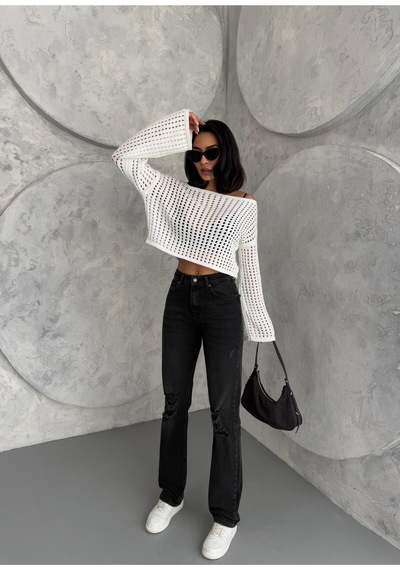 Kadın Straight Jean Yırtık Detaylı Ara Bel Boru Paça Kot Pantolon Füme Siyah+füme