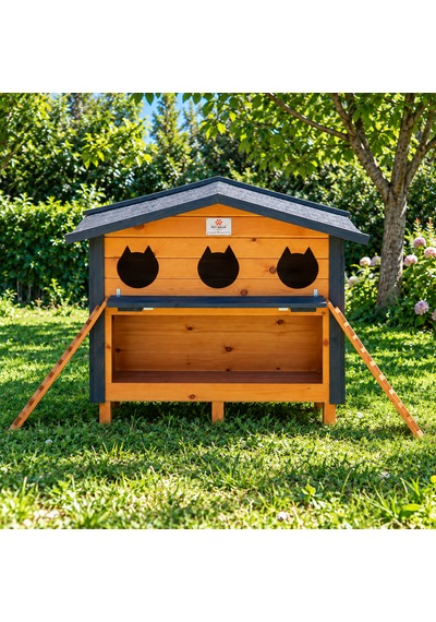 Ahşap 3 Yuvalı Mamalıklı Kedi Evi Dış Mekan