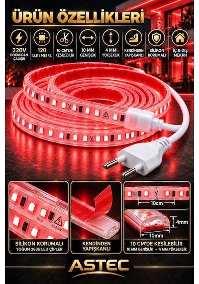Astec Yapışkanlı 100 Metre Kırmızı 220v Silikonlu Şerit Led Yüksek Güç Tak Çalıştır İç Dış Mekân Su Geçirmez