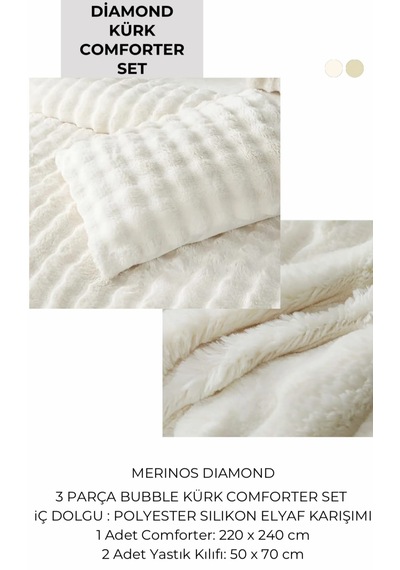 Merinos Diamond Kürk Bubble Desen Comforter Set, Çift Kişilik Yorgan Seti 220x240 Krem