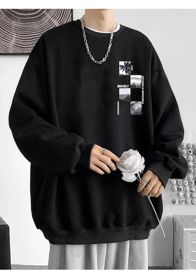Startmore Unisex Bravely Baskılı Oversize Bisiklet Yaka Sweatshirt Siyah Siyah