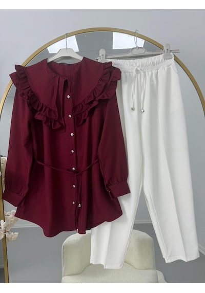 Lovie Moda Fırfır Yaka Bağcıklı Tunik Pantolonlu Takım Bordo