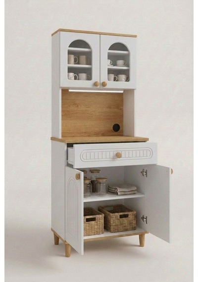 Barista Led Aydınlatmalı Kahve Köşesi Dolabı Retro Büfe 195cm Mdf Krem