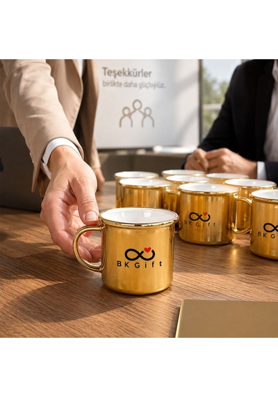 Logonuza Özel 10 Adet 300 Ml Porselen Altın Enamel Kupa Bardak Kurumsal Hediye Seti Çok Renkli