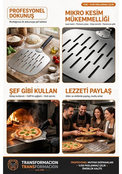 Delikli Pizza Küreği 18/10 Çelik 25x24 Cm Kısa Saplı Ev Tipi Taş Fırın Pizza Pateli 723461 Diğer