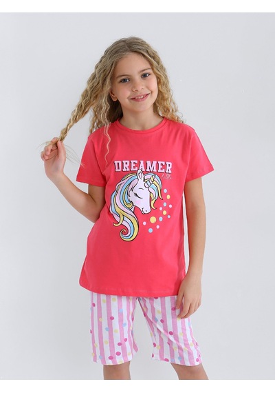 Kız Çocuk Kısa Kollu Kapri %100 Pamuklu Pijama Takımı Dreamer Girl Fuşya