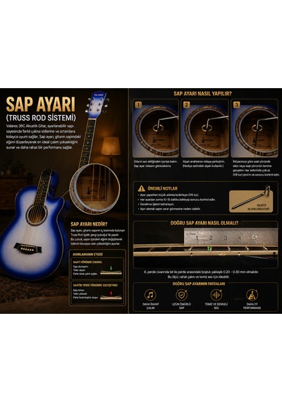 Valares 38c Kesik Kasa Sap Ayarlı Akustik Gitar 38 4/4 Full Aksesuar Hediyeli Mavi Sunburst Blue Sunburst