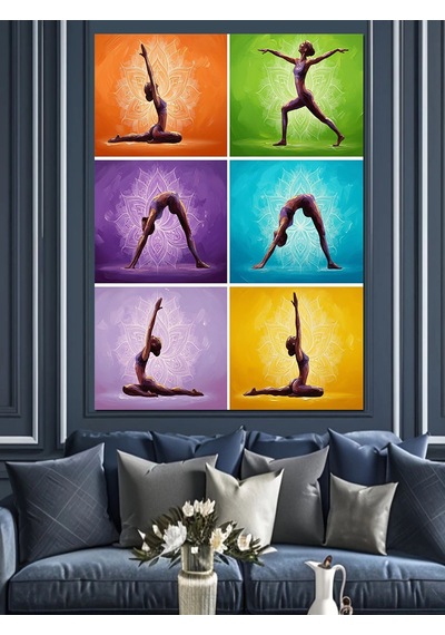 Mor Sarı Yoga Pozları Dekoratif Kanvas - Mdf Ahşap Tablo