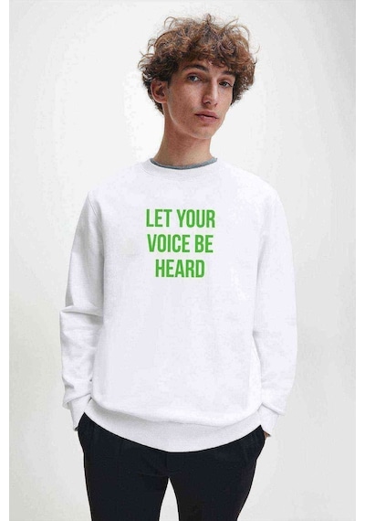 Let Your Voice Be Heard Baskılı Beyaz Erkek Örme Sweatshirt