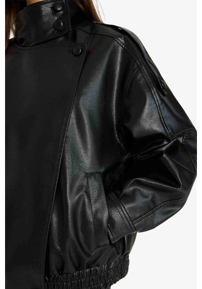 Defacto Dad Fit Dik Yaka Fermuarlı Suni Deri Ceket G4994ax26spbk81 Siyah-bk81