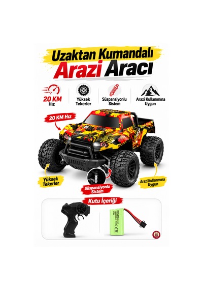 Uzaktan Kumandalı Arazi Aracı 20 Km Hız 2.4 Ghz Şarjlı Süspansiyonlu Büyük Teker Led Işıklı Rc Araba 30 Cm Sarı
