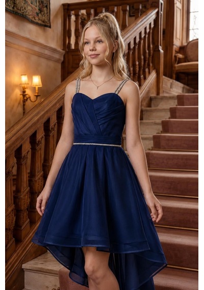Butik Happy Kids Kız Çocuk Abiye Lacivert Taş Kordon Askılı Kalp Yaka Kuyruklu Şifon Abiye Elbise 10-15 Yaş