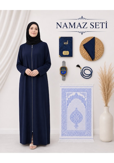 Bilenler Kadın Namaz Seti Fermuarlı Namaz Elbisesi Seccade Örtü Yasin Tesbih Zikirmatik Lacivert